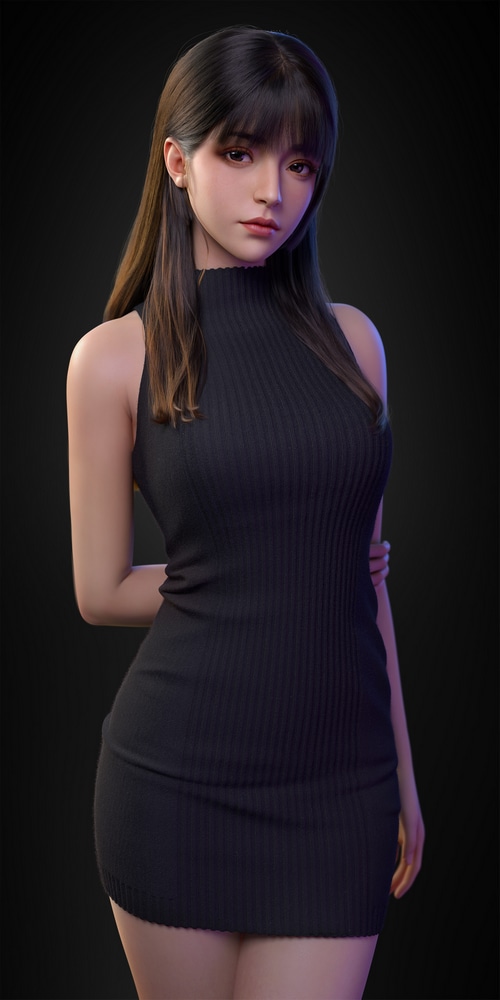 Yi Jiang in a black ribbed dress