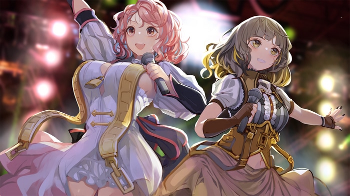 Two girls singing into microphones on stage