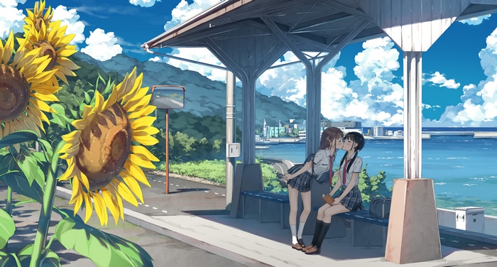 Two schoolgirls kissing by the sea with sunflowers