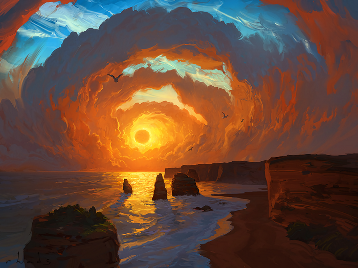 Sunset over the ocean with rock formations and cliffs