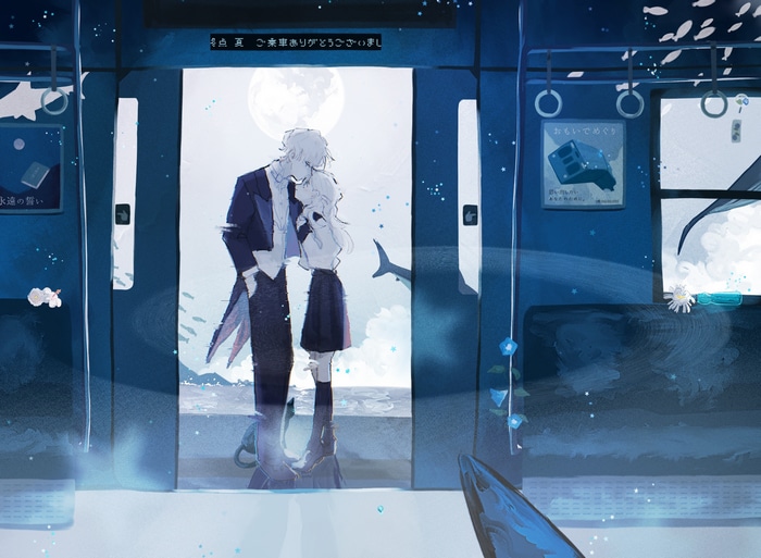 Anime couple kissing on a train with a full moon