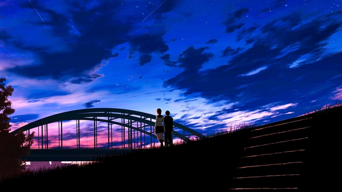 Anime couple standing on a hill overlooking a bridge at sunset