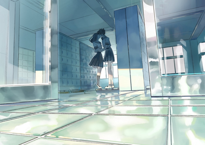 Anime couple kissing in a school hallway