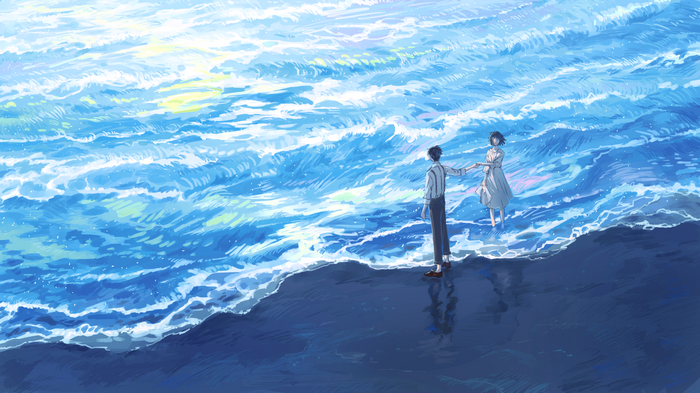 Anime couple holding hands on a beach