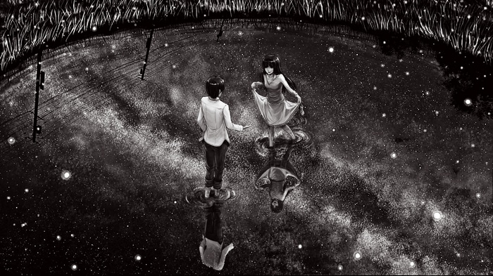 Anime couple standing in a starry pool