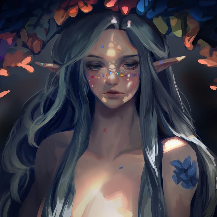 Fantasy art of an elf with colorful face markings