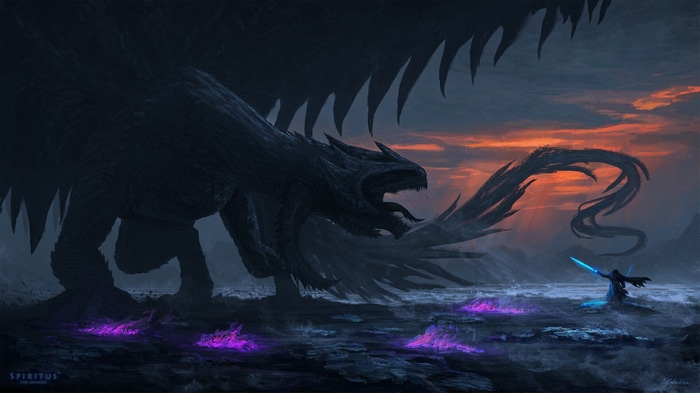 Dragon and warrior facing each other at sunset