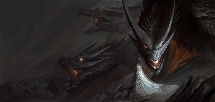 Daenerys Targaryen and three dragons in fantasy art