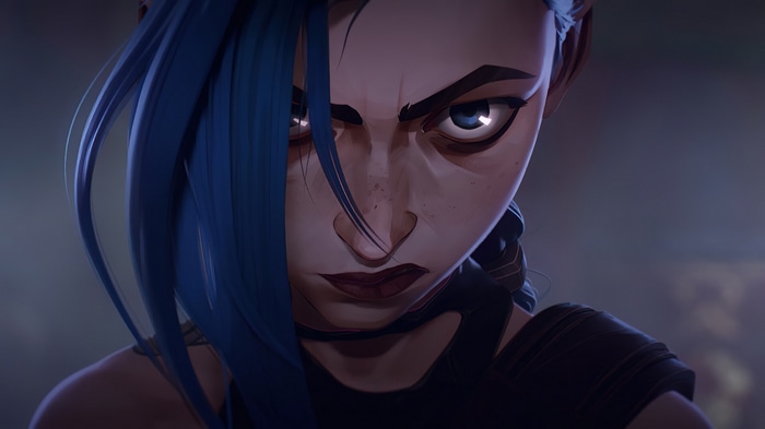 Jinx from Arcane with blue hair and eyes