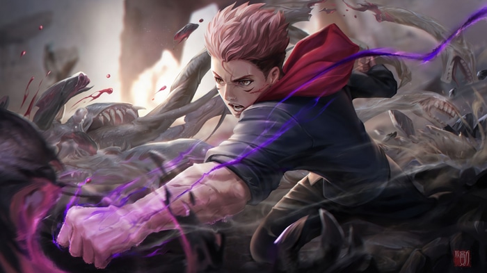 Yuji Itadori fighting with purple energy in Jujutsu Kaisen