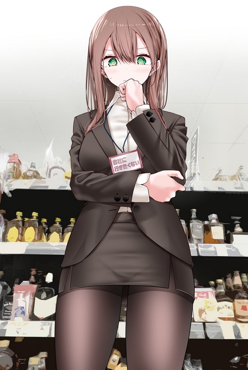 Office girl in suit with green eyes in a store