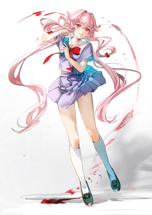 Gasai Yuno from Mirai Nikki with pink hair and red eyes