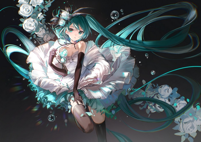 Hatsune Miku in a White Dress with Roses