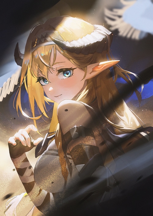 Saileach from Arknights with blonde hair and horns
