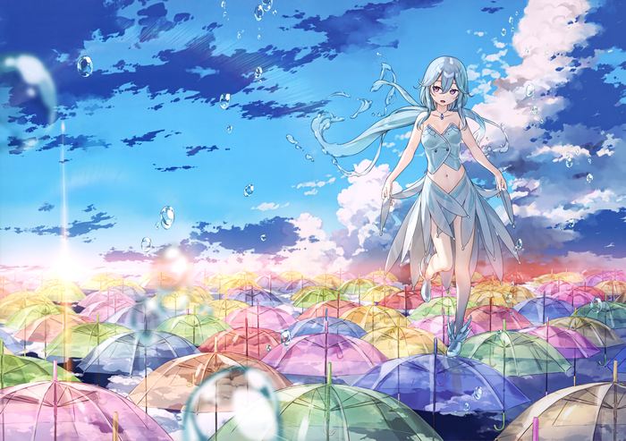 4K anime girl with blue hair and purple eyes over umbrellas