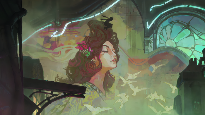 Arcane mural with woman and birds
