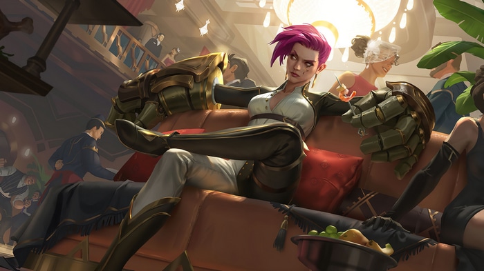 Vi from League of Legends in a luxurious setting