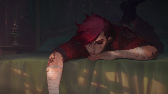 Vi from Arcane lying on a bed