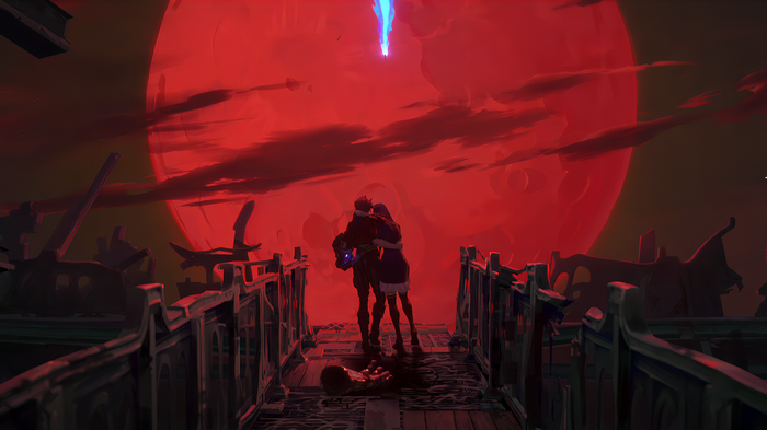 Arcane: Vi and Caitlyn embrace under a red moon