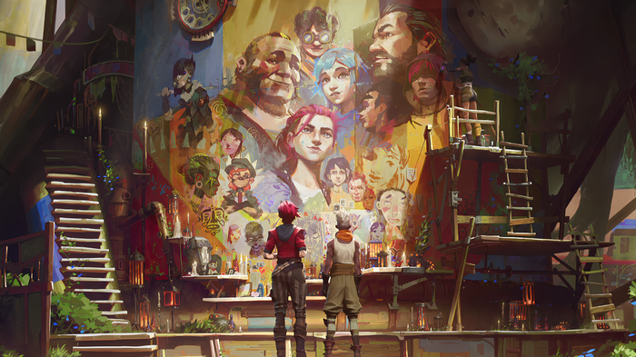 Ekko and Vi admire a mural of Arcane characters