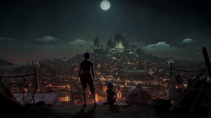Arcane: Vi and Jinx overlook the city at night
