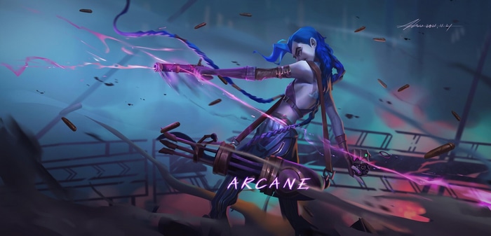 Jinx from Arcane firing guns with purple energy