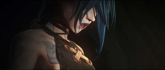 Jinx from Arcane with blue hair and tattoos