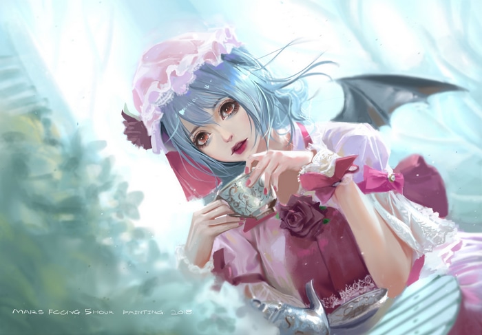 Remilia Scarlet holding a teacup, painted by Mars Foong