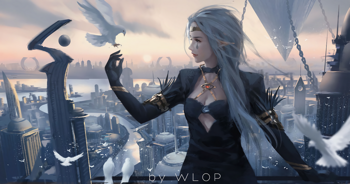 Anime girl with doves in a futuristic city by WLOP