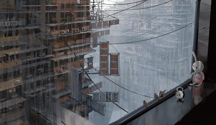 Anime cityscape in the rain with a toy bunny