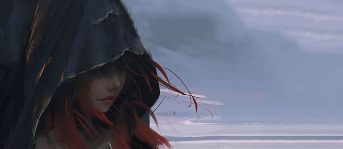 WLOP's Ghostblade character with red hair and hood