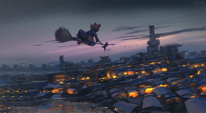 Kiki's Delivery Service witch flying over a cityscape at dusk