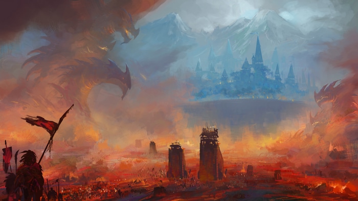 Fantasy art with dragons and a castle
