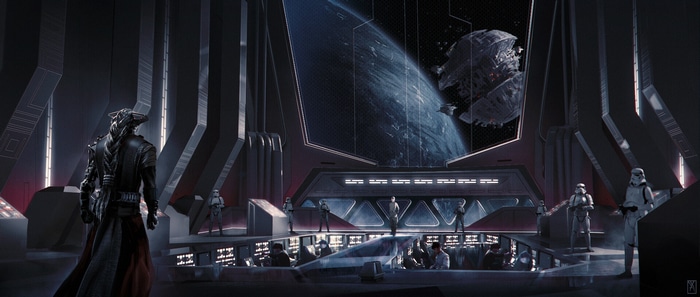 Star Wars scene with a large screen showing a planet