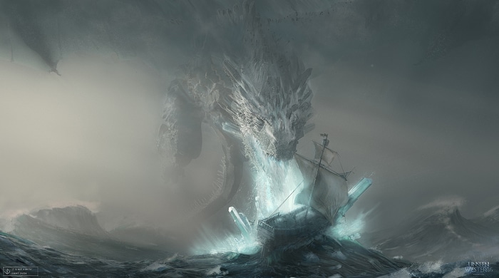 Ice Dragon Attacks a Ship in a Stormy Sea