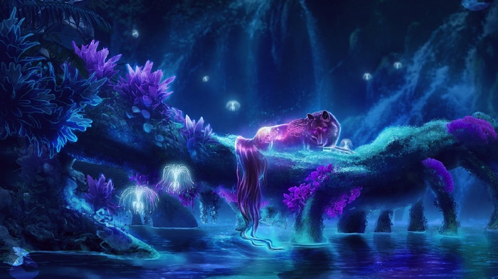 Magical fox in a bioluminescent forest with jellyfish