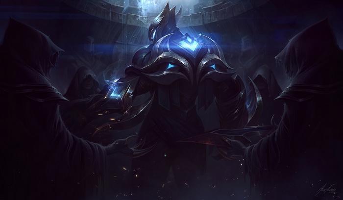 Armored figure surrounded by hooded cultists in a dark chamber