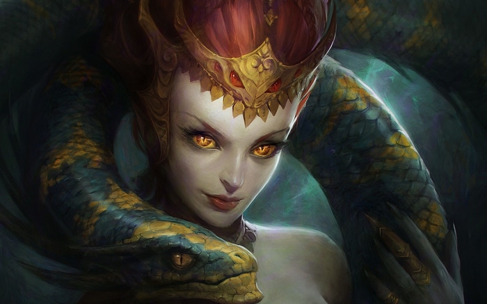 Woman with snake and crown, yellow eyes