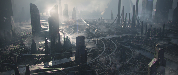 Dystopian city with smog and highways