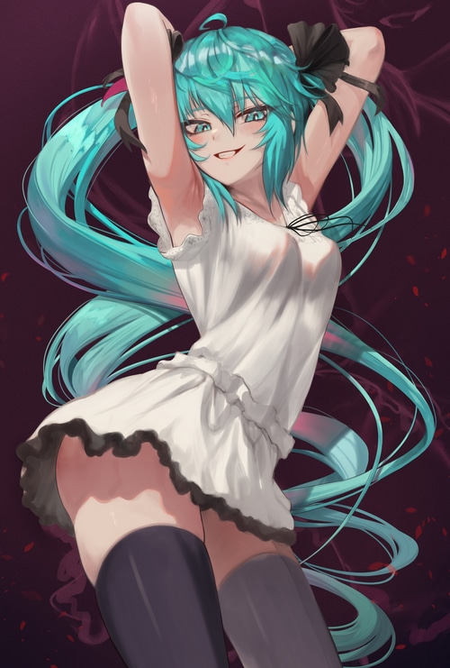 Hatsune Miku in a white dress with thigh-highs