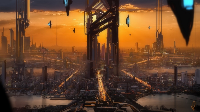 Futuristic city at sunset with skyscrapers and towers