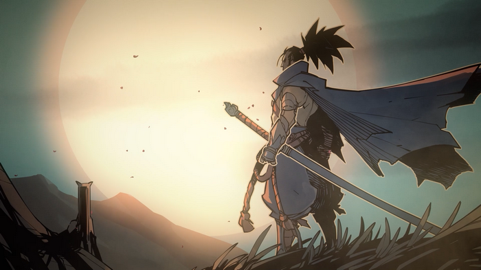 Yasuo from League of Legends stands with sword