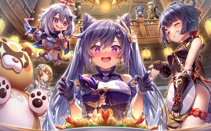 Genshin Impact characters enjoying a meal