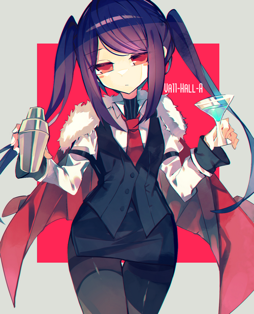 Julianne Stingray from VA-11 HALL-A holding a cocktail shaker and glass