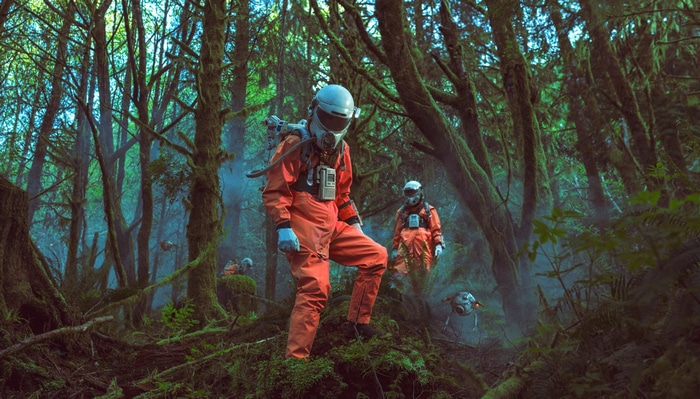 Mako Miyamoto and astronauts in a forest