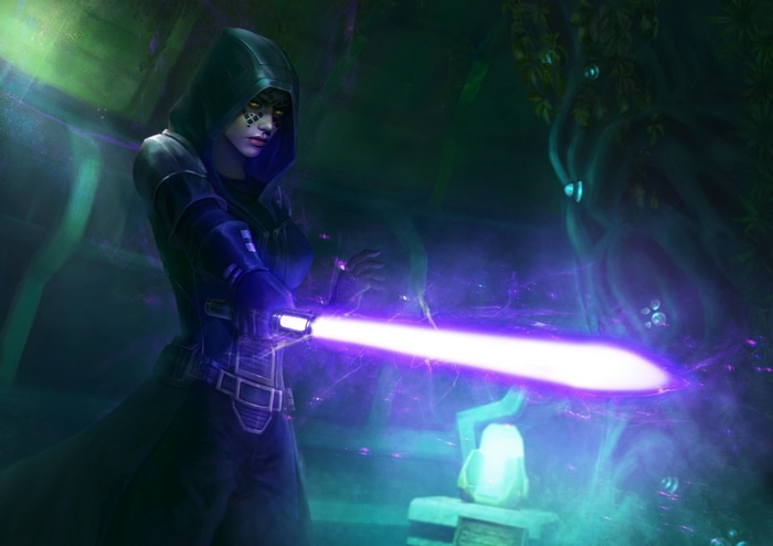 Mirialan woman with a purple lightsaber in a forest