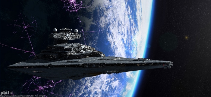 Star Destroyer and smaller ship above Earth