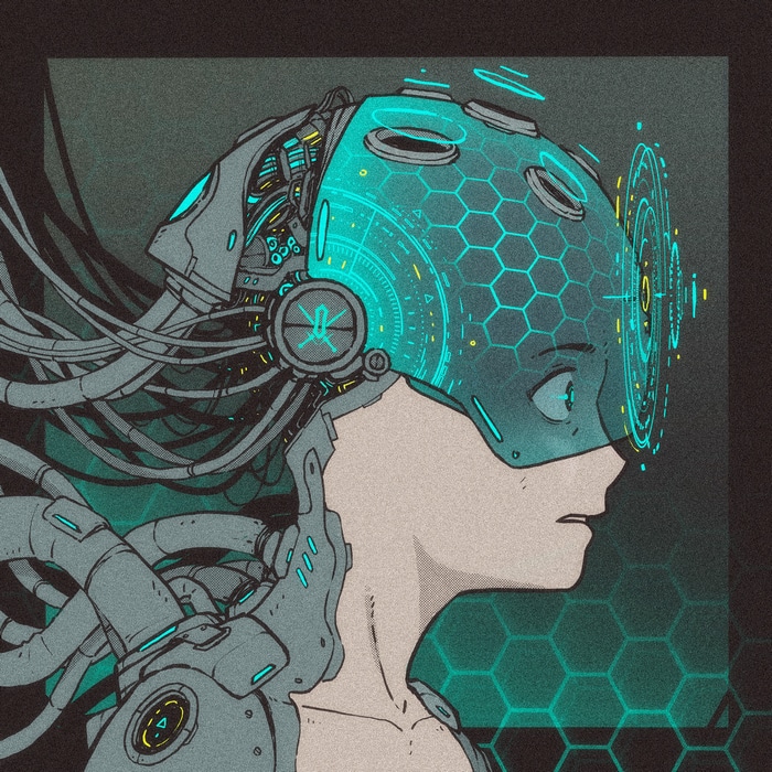 Oska in a cybernetic helmet with glowing circuits