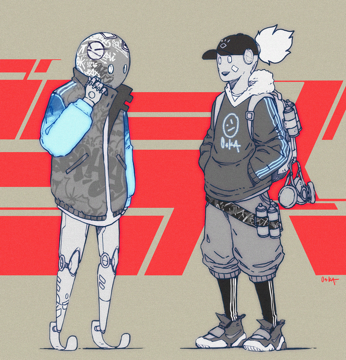 Cyberpunk characters with graffiti and futuristic elements