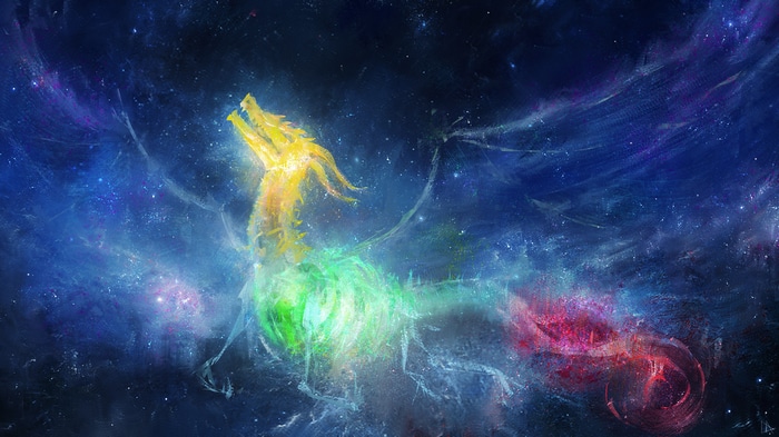 A colorful dragon in a starry galaxy